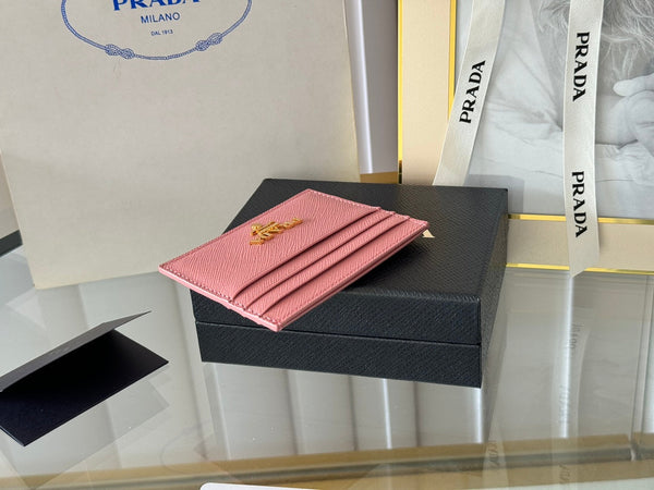 Pra Gold Logo-Stamp Card Holder Pink Saffiano Leather