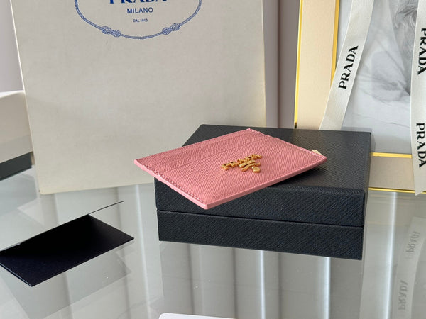 Pra Gold Logo-Stamp Card Holder Pink Saffiano Leather