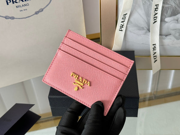 Pra Gold Logo-Stamp Card Holder Pink Saffiano Leather