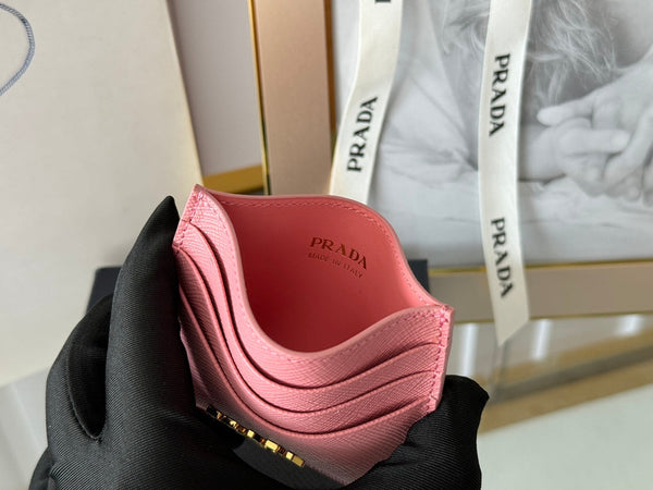 Pra Gold Logo-Stamp Card Holder Pink Saffiano Leather