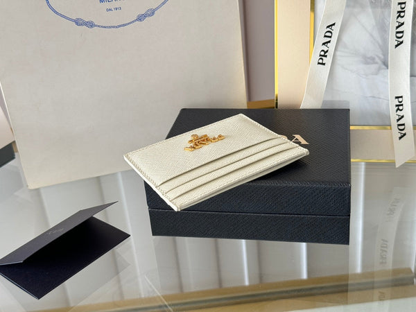 Pra Gold Logo-Stamp Card Holder White Saffiano Leather
