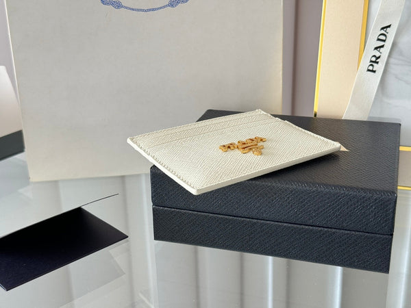 Pra Gold Logo-Stamp Card Holder White Saffiano Leather