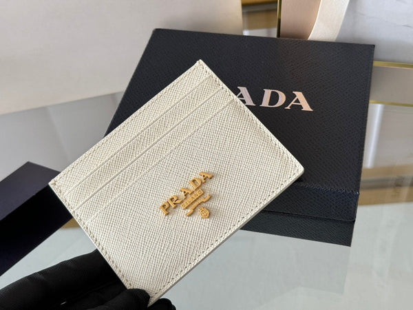 Pra Gold Logo-Stamp Card Holder White Saffiano Leather