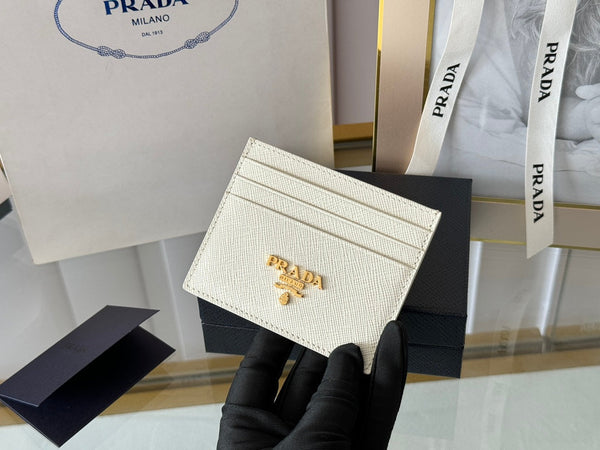 Pra Gold Logo-Stamp Card Holder White Saffiano Leather