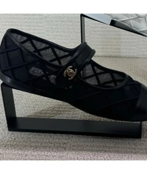Chanel Mary Janes Flats Black Mesh Leather