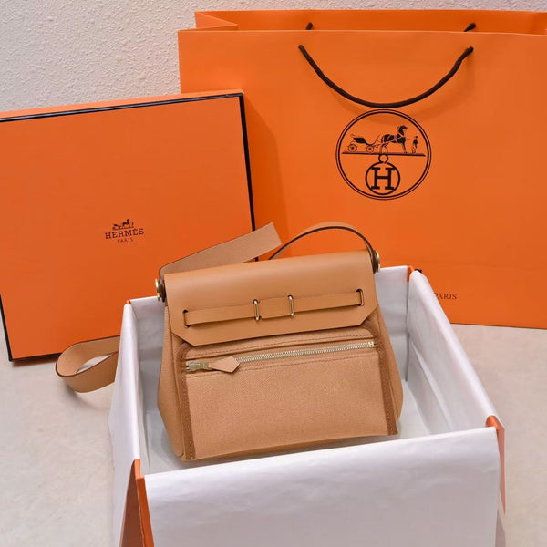 HM Mini Herbag Gold Buckle 20 Straw Canvas and Hunter Cowhide