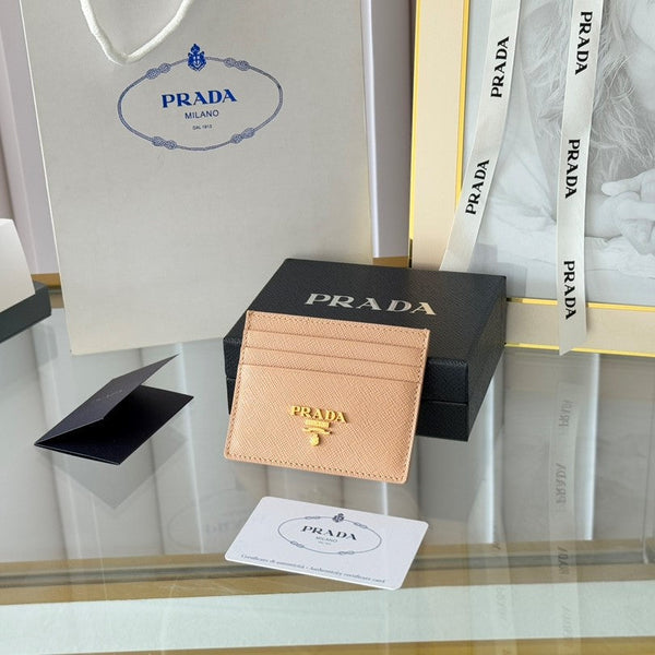 Pra Gold Logo-Stamp Card Holder Beige Saffiano Leather