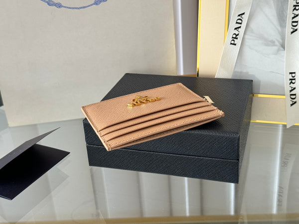 Pra Gold Logo-Stamp Card Holder Beige Saffiano Leather