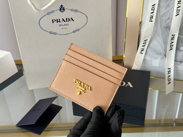 Pra Gold Logo-Stamp Card Holder Beige Saffiano Leather