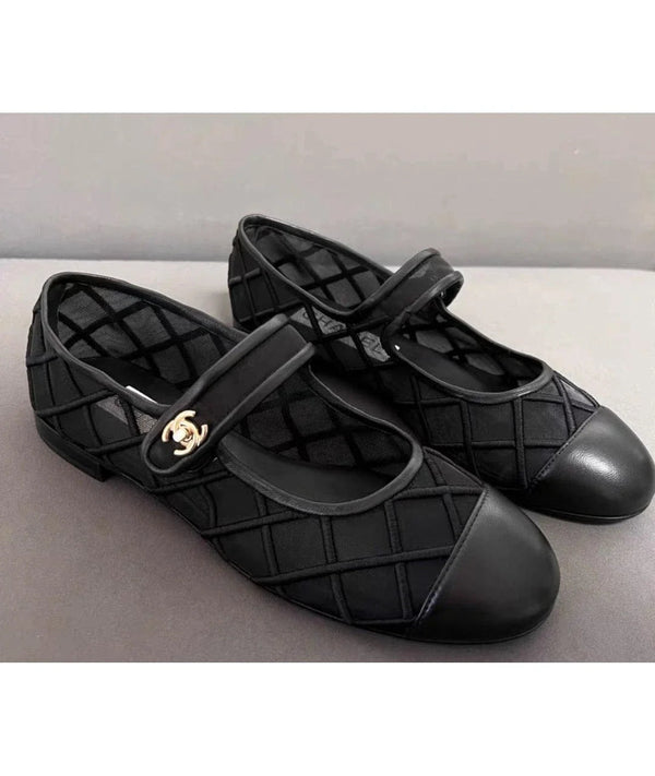 Chanel Mary Janes Flats Black Mesh Leather