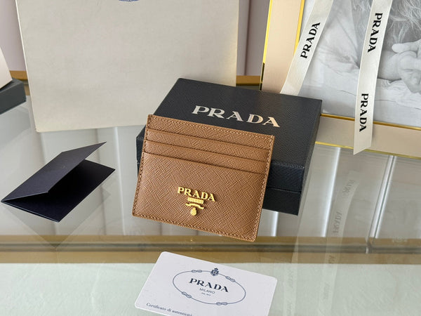 Pra Gold Logo-Stamp Card Holder Brown Saffiano Leather