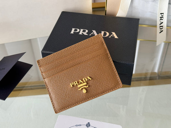 Pra Gold Logo-Stamp Card Holder Brown Saffiano Leather