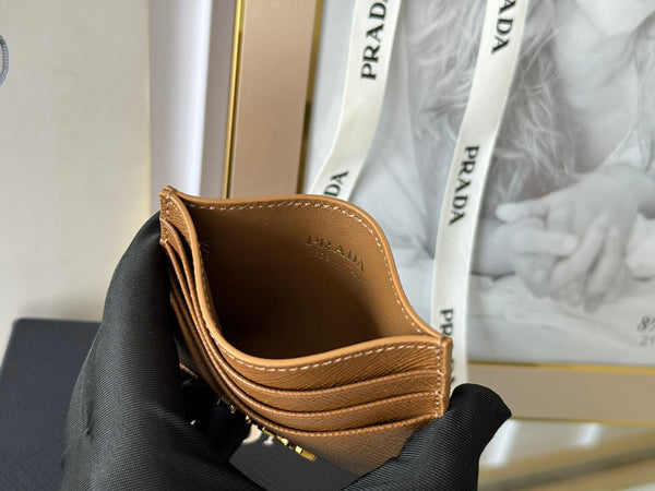 Pra Gold Logo-Stamp Card Holder Brown Saffiano Leather