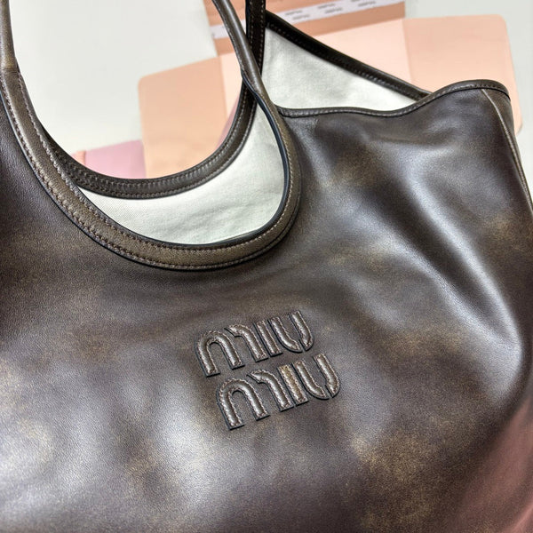 Miu IVY Leather Tote Bag Coffee Brown Nappa Leather