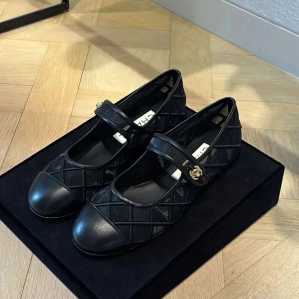 Chanel Mary Janes Flats Black Mesh Leather