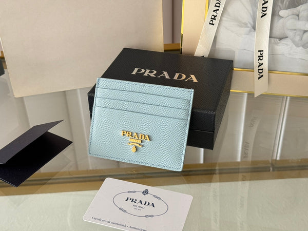 Pra Gold Logo-Stamp Card Holder Light Blue Saffiano Leather