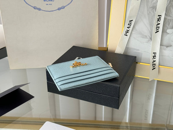 Pra Gold Logo-Stamp Card Holder Light Blue Saffiano Leather