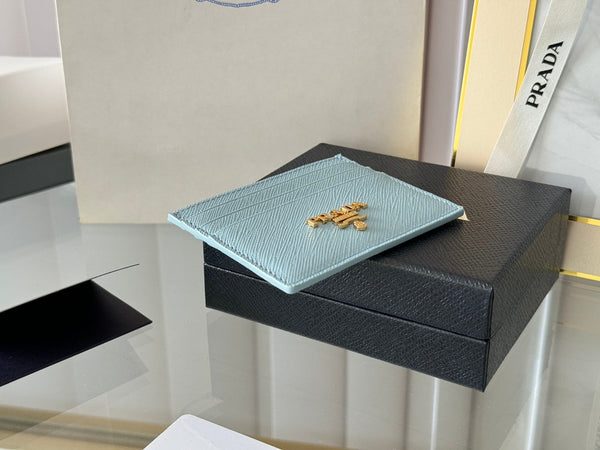 Pra Gold Logo-Stamp Card Holder Light Blue Saffiano Leather