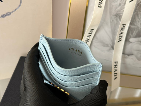 Pra Gold Logo-Stamp Card Holder Light Blue Saffiano Leather