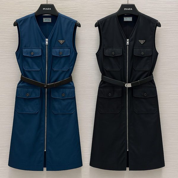 Prada 2025 Sleeveless Zipper Dresses Blue and Black Poliamide