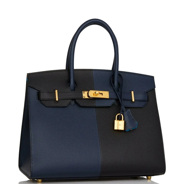 HM BIRKIN SELLIER CASAQUE 32cm NERO E BLU PELLE TOGO FERRAMENTA ORO
