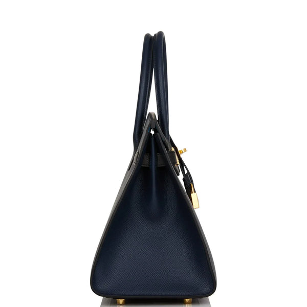 HM BIRKIN SELLIER CASAQUE 32cm NERO E BLU PELLE TOGO FERRAMENTA ORO