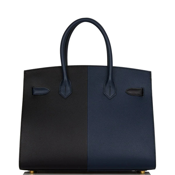 HM BIRKIN SELLIER CASAQUE 32cm NERO E BLU PELLE TOGO FERRAMENTA ORO