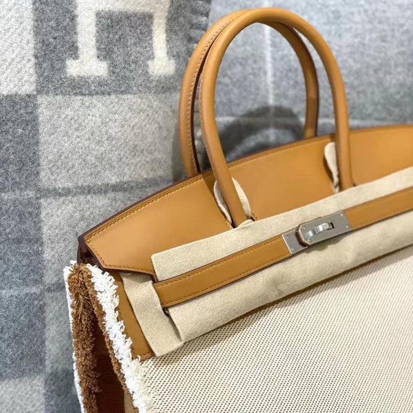 HM BIRKIN 35CM FRAY CANVAS SILVER HARDWARE