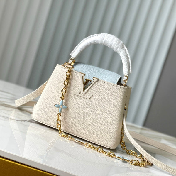 CAPUCINES MINI 21 CREAM CLOUD BLUE TAURILLON GOLD HARDWARE