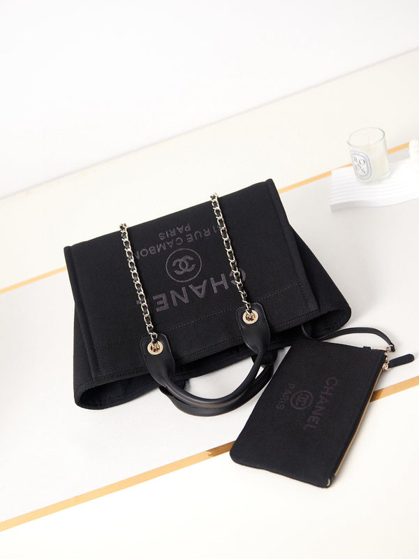 cc deauville shopping piccola tote 33cm nera in tessuto misto pelle di vitello