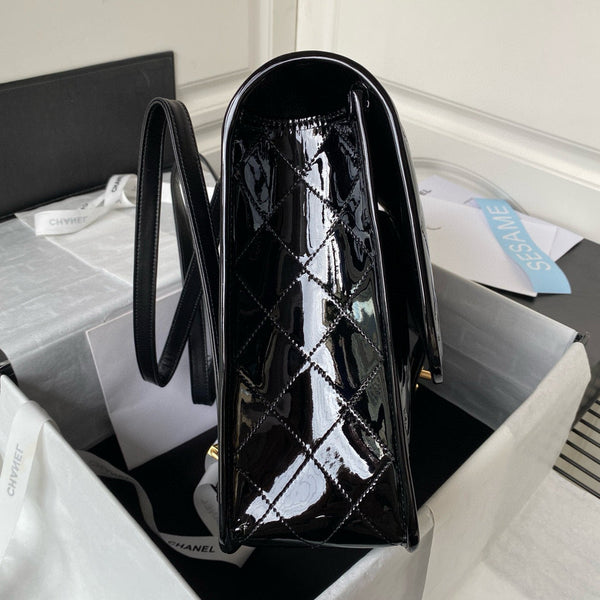 cc large backpack 31cm black patent calfskin gold hardware