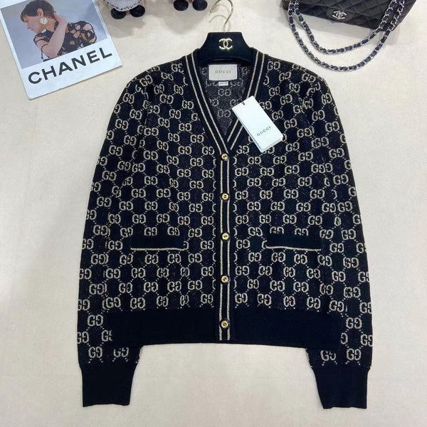 GG V-Neck Long Sleeve Cardigan Black Beige Monogram