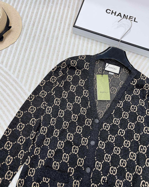 GG V-Neck Long Sleeve Cardigan Black Beige Monogram