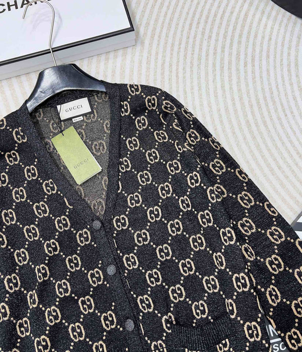 GG V-Neck Long Sleeve Cardigan Black Beige Monogram
