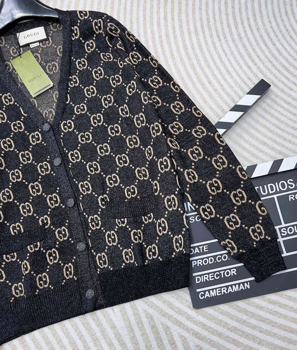 GG V-Neck Long Sleeve Cardigan Black Beige Monogram