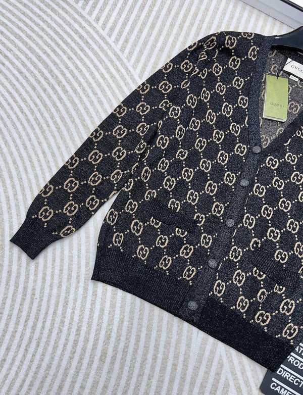 GG V-Neck Long Sleeve Cardigan Black Beige Monogram