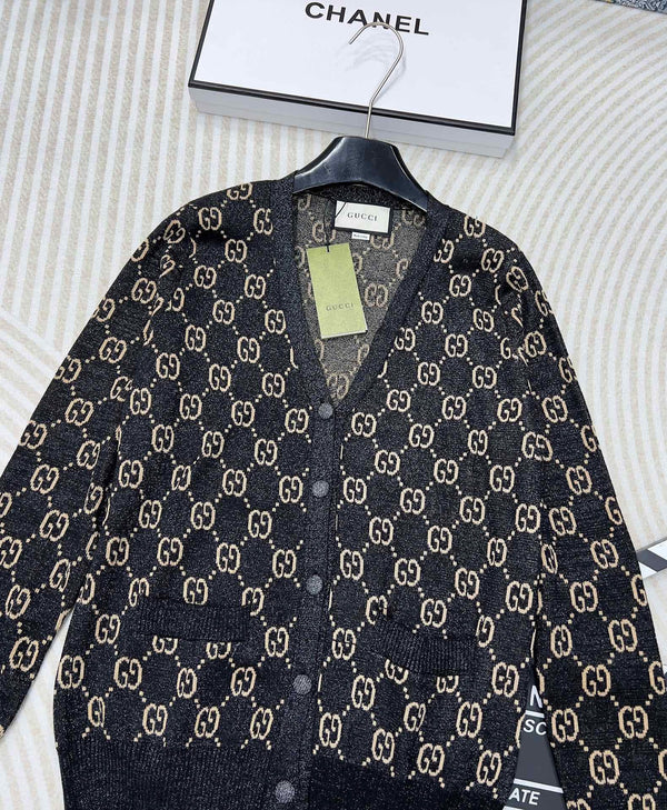 GG V-Neck Long Sleeve Cardigan Black Beige Monogram