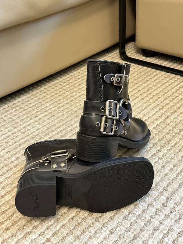 Miu Vintage-Look Black Calfskin Booties
