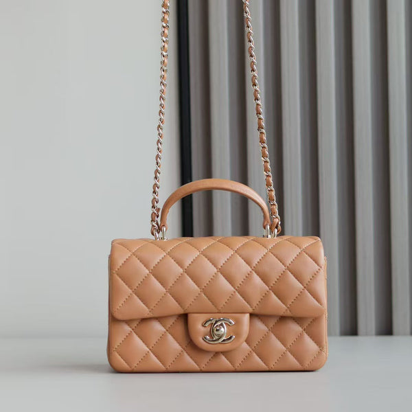 Mini Flap Bag With Top Handle 20cm Brown Lambskin Light Gold Hardware