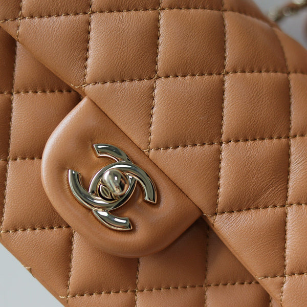 Mini Flap Bag With Top Handle 20cm Brown Lambskin Light Gold Hardware