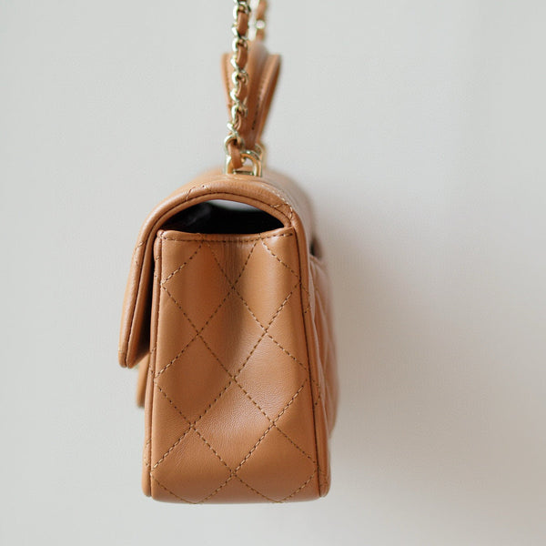 Mini Flap Bag With Top Handle 20cm Brown Lambskin Light Gold Hardware