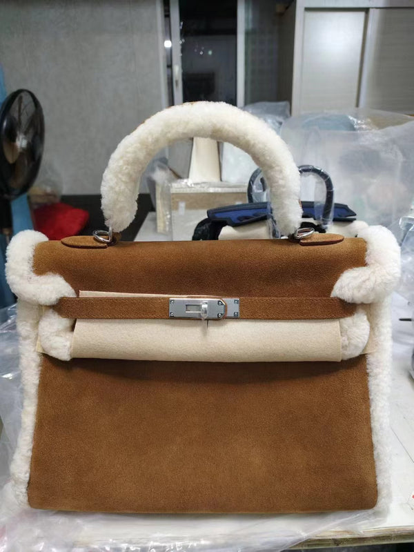 HM Kelly Teddy Plush Shearling Brown Suede Palladium Hardware (Need 30 days to prepare goods)