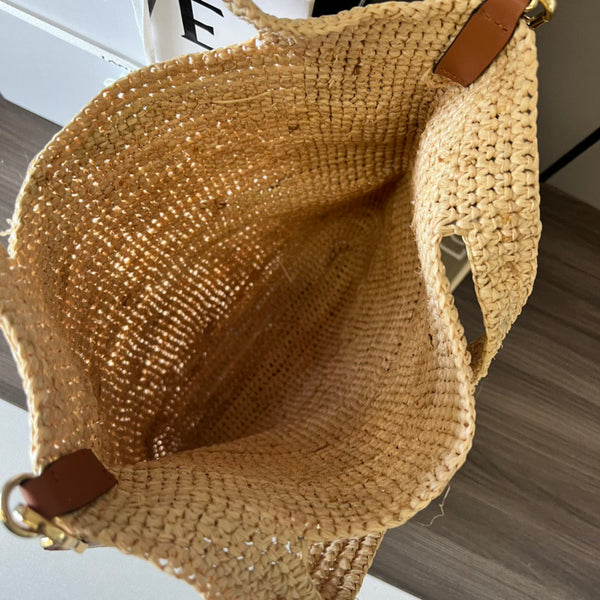 Mini Slit Tote 30cm Beige Raffia Tan Calfskin