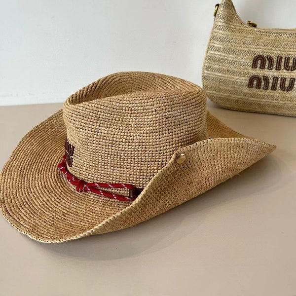MM RAFFIA HAT IN TAN FEATURING RED ACCENT
