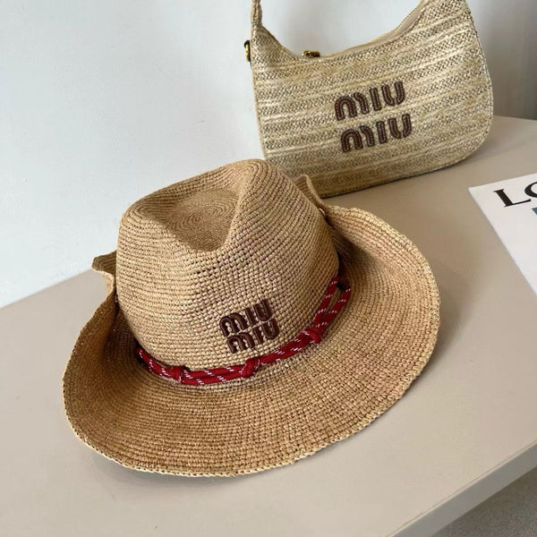 MM RAFFIA HAT IN TAN FEATURING RED ACCENT
