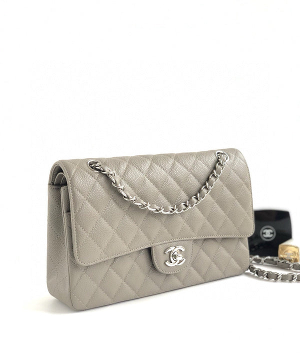 CC CLASSIC FLAP 25CM GRAY CAVIAR SILVER HARDWARE