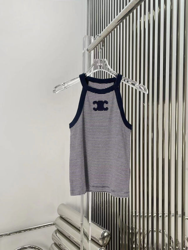 Triomphe Tank Top In Striped Jersey White Mix Navy Cotton