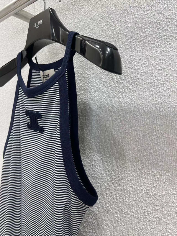 Triomphe Tank Top In Striped Jersey White Mix Navy Cotton