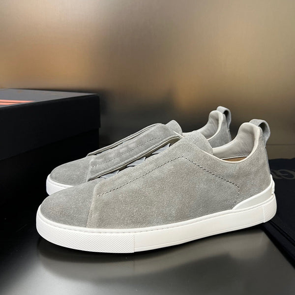 Zegna Mélange Triple Stitch Gray Suede Sneakers