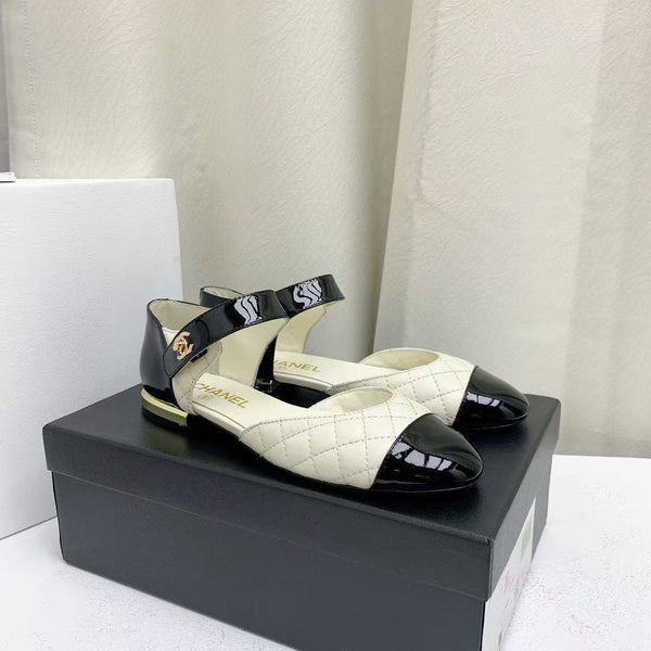 CC Quilted Cap Toe Ballerina Flats Black White Lamskin & Calfskin